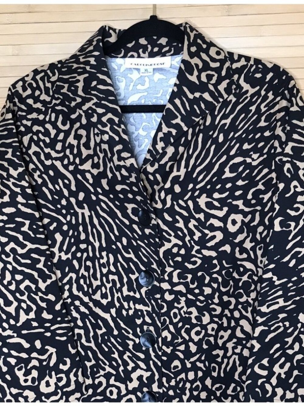 Caroline Rose sz XL Beige Black Animal Print button Front Long Jacket Oversized - Picture 2 of 6